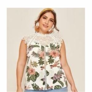 Shein Tropical Print and Lace Top 0XL